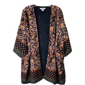 Liz Claiborne black purple floral preppy office open kaftan kimono top 3X